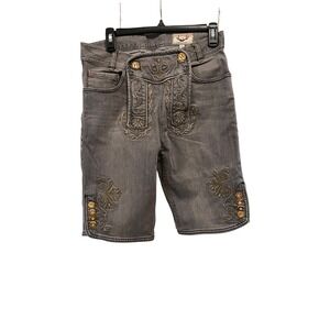 Stockerpoint Mens Small Grey Denim Lederhosen Shorts Embroidered Bavarian German